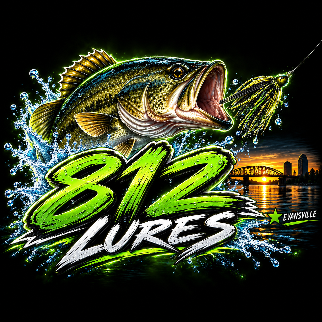 812 Lures neon green bass artwork with splashing water and the Evansville riverfront